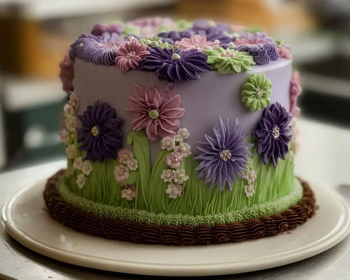 Beautiful purple and green flower cake for birthdays and special events.
