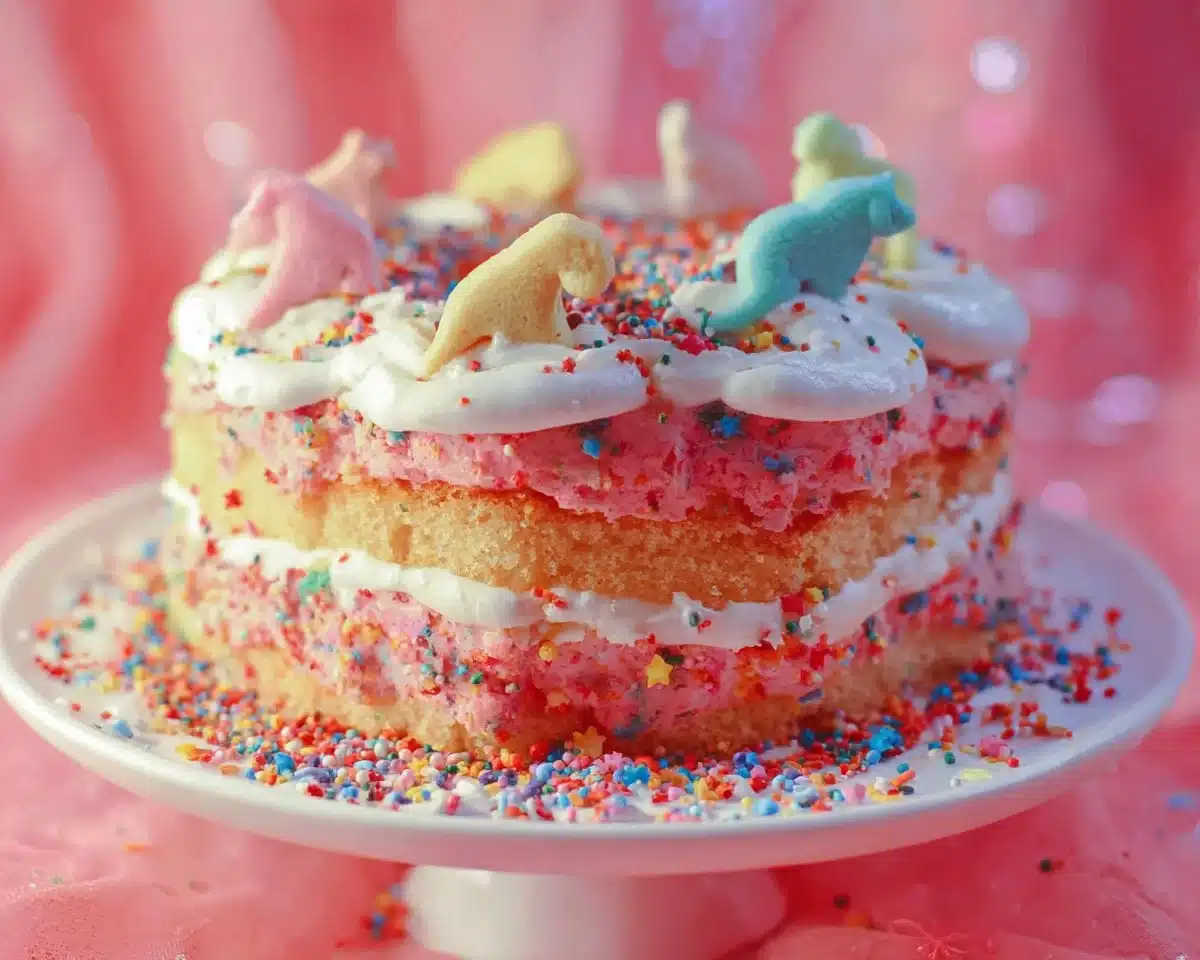Frosted Circus Animal Cookie Cake with colorful sprinkles and frosting