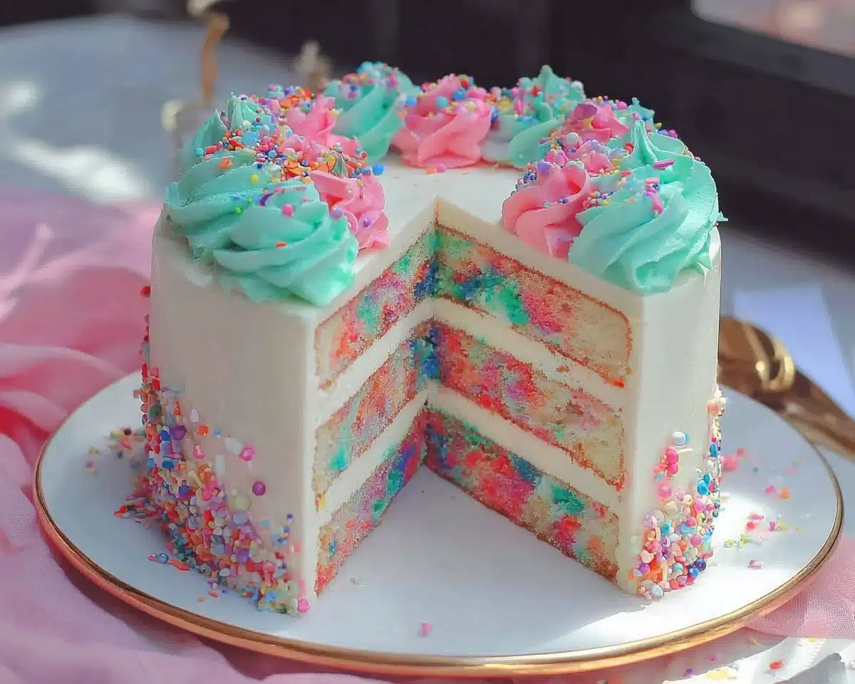 Delicious Funfetti Cake topped with colorful sprinkles and frosting