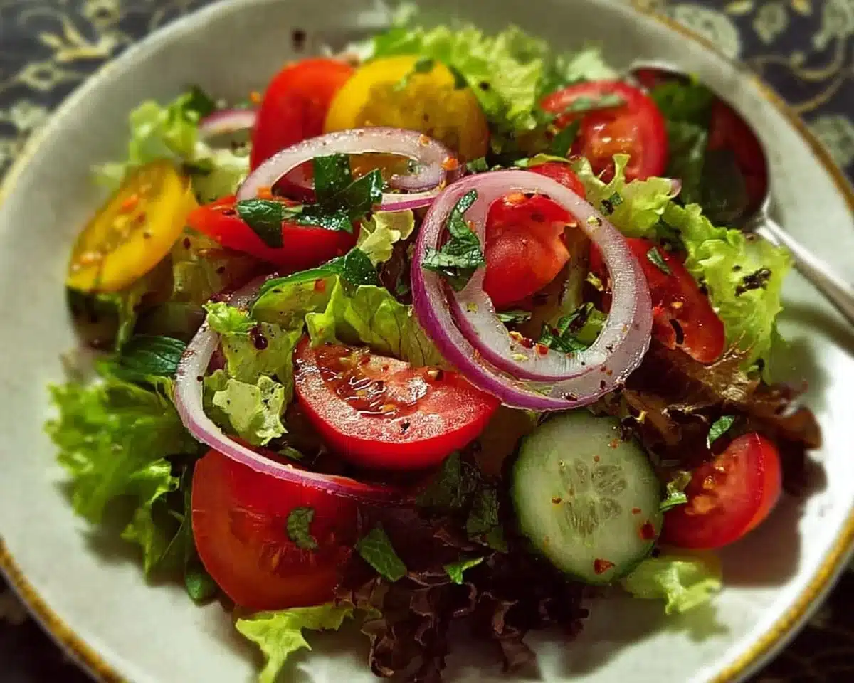 Fresh garden salad with mixed vegetables and greens in a bowl
