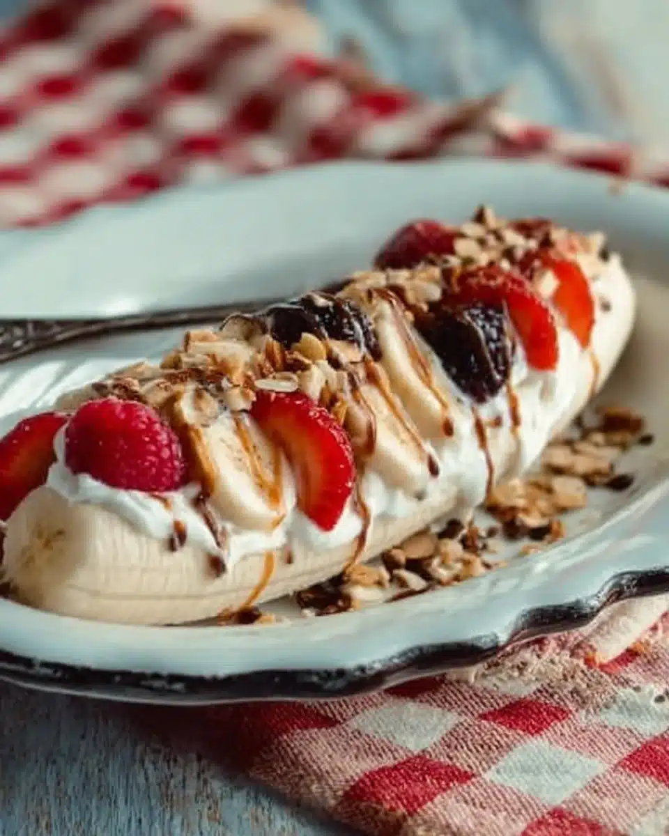 Healthy Breakfast Banana Split with fruits and yogurt in a bowl