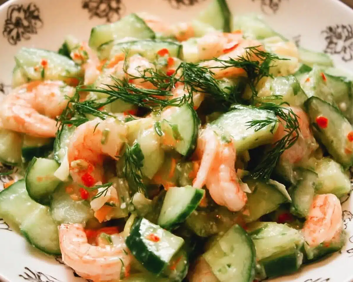 Healthy cucumber shrimp salad with fresh vegetables and succulent shrimp