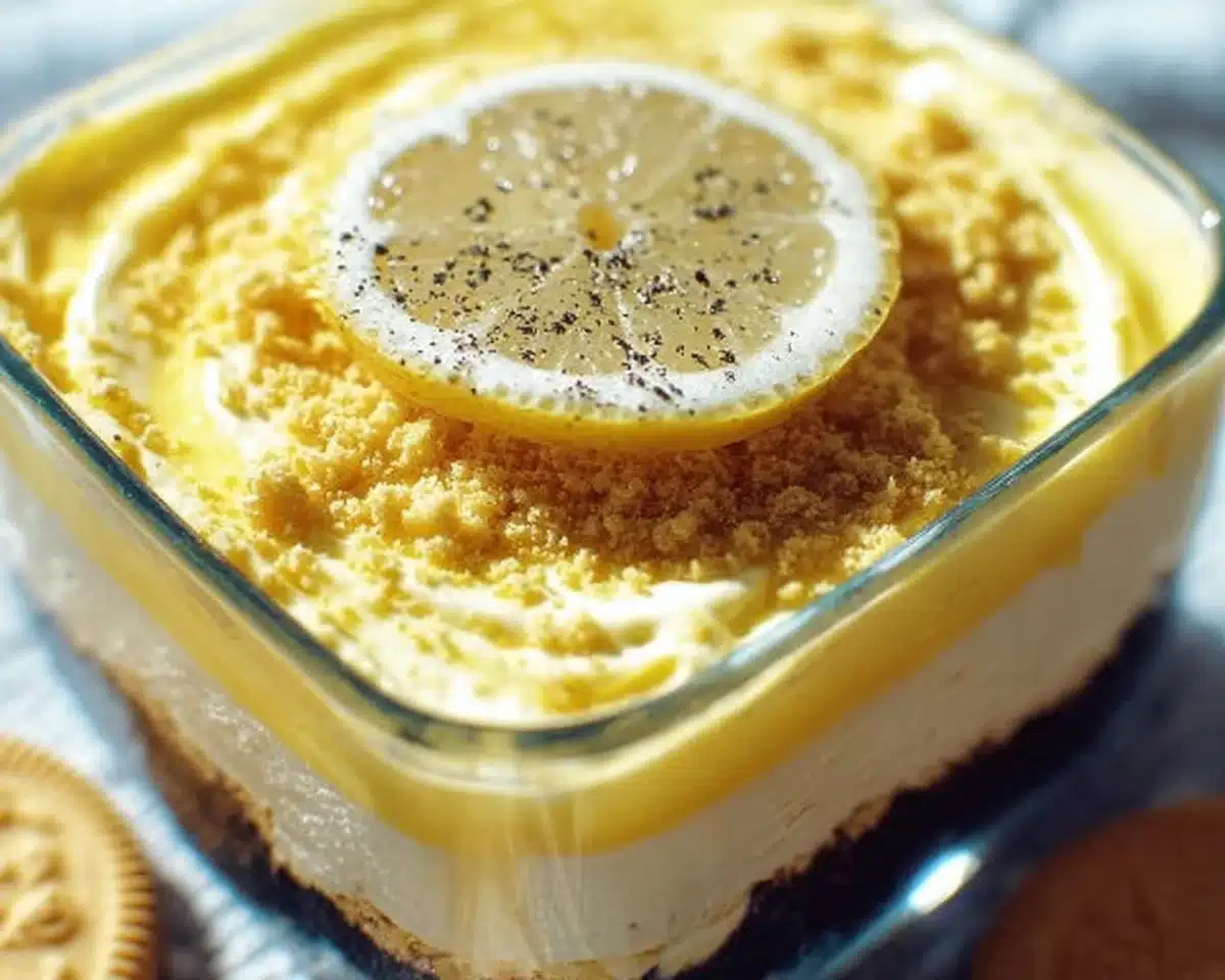Delicious Oreo Lemon Dessert with a creamy lemon layer and crushed Oreo crust.