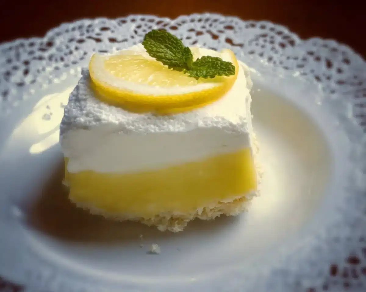 Lemon Lush dessert showcasing layers of creamy lemon filling and crust.