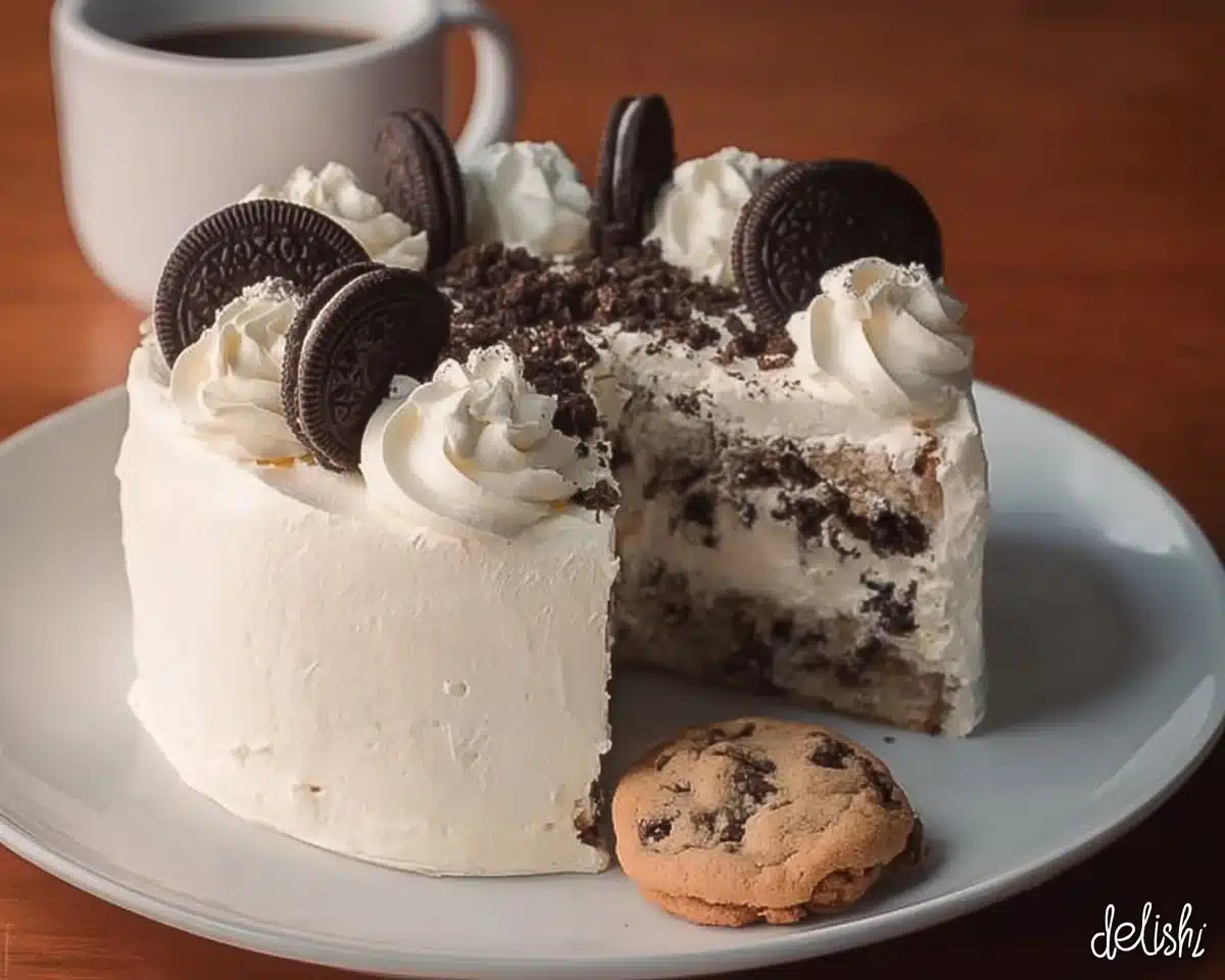 Delicious Milk & Cookies Cake garnished with chocolate chips and cookies