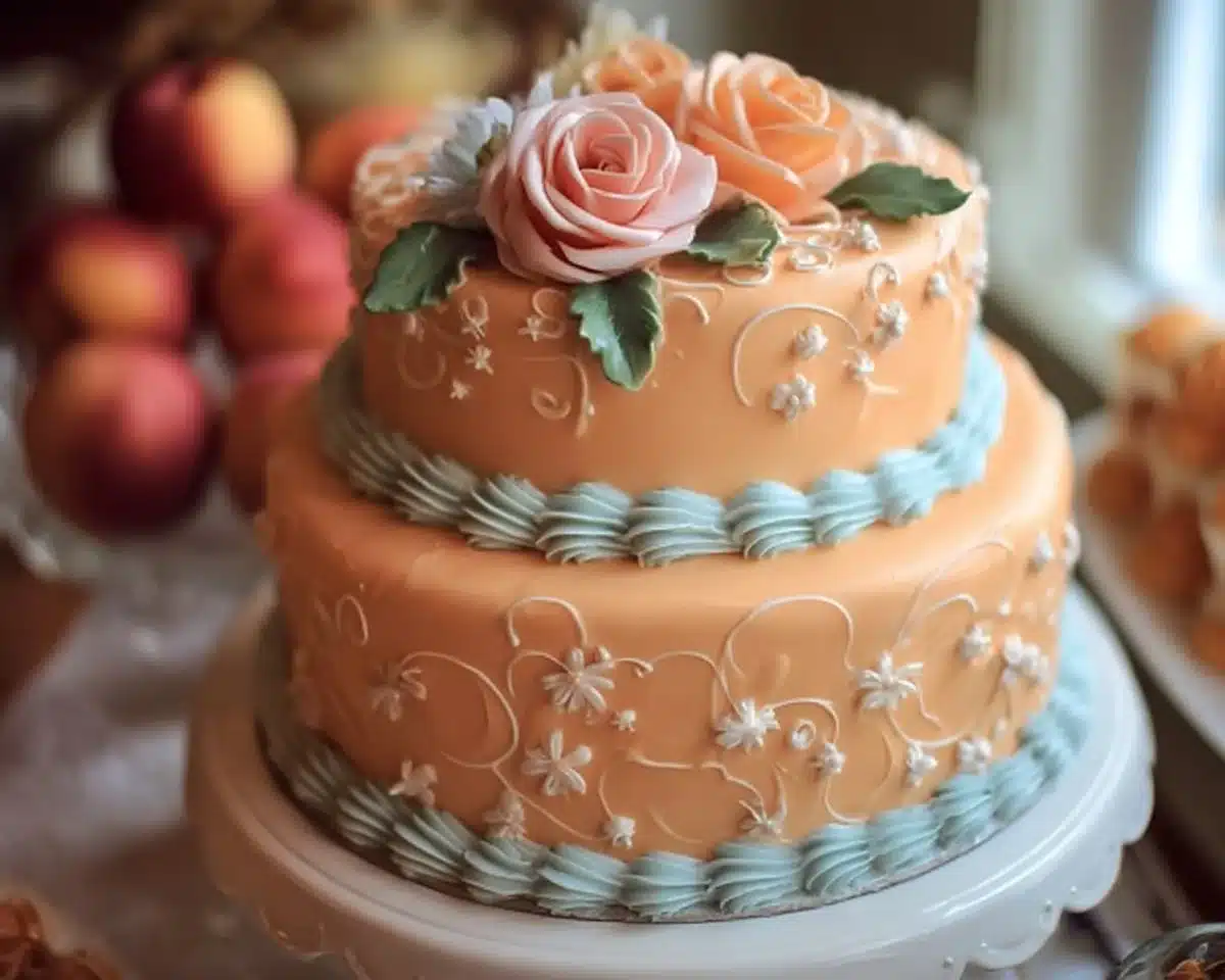 Beautiful peach and blue cake with elegant decorations for birthday and baby shower