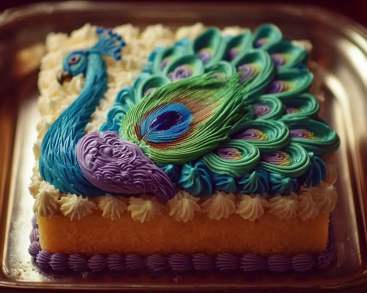A beautifully decorated Peacock Cake showcasing vibrant colors and intricate designs.