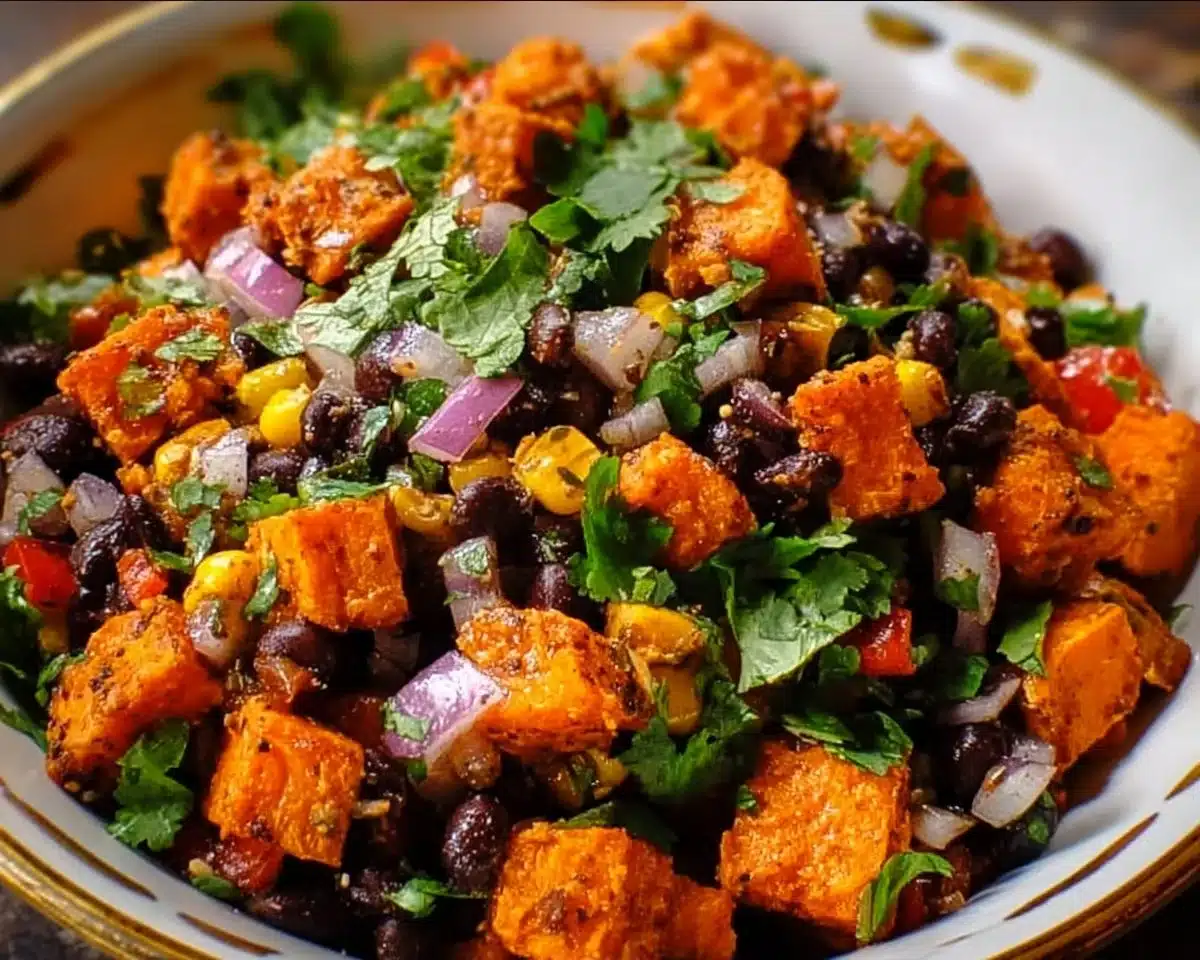Roasted sweet potato black bean salad served in a bowl with fresh ingredients.