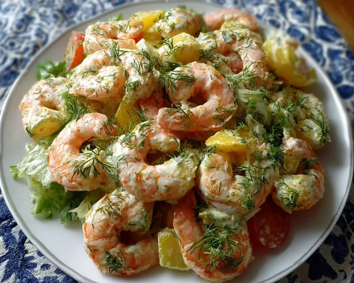 Fresh shrimp salad with colorful vegetables and a zesty dressing