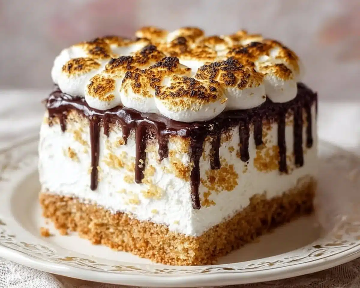 Decadent S'mores Cake topped with chocolate, marshmallows, and graham cracker crumbs