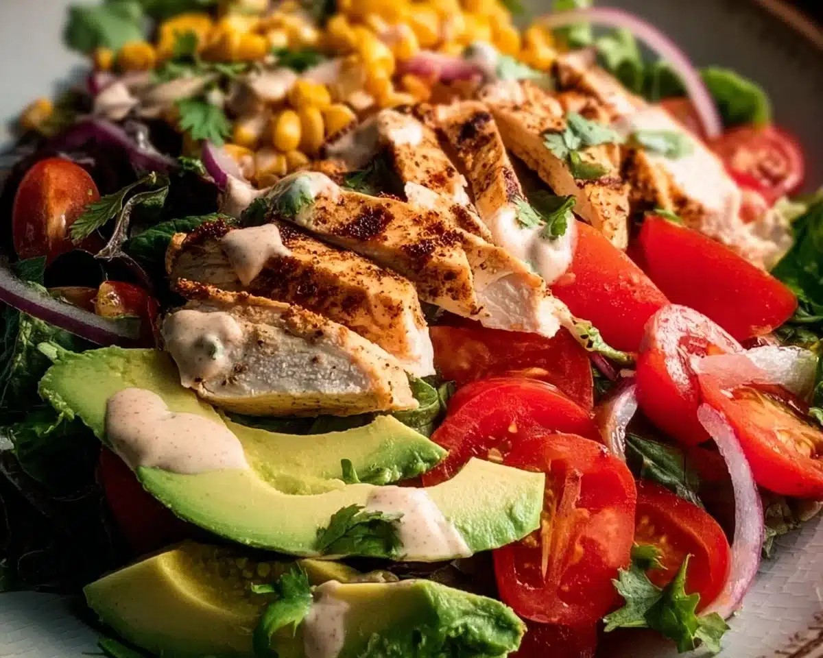 Bowl of Southwest avocado chicken salad with fresh ingredients and vibrant colors.