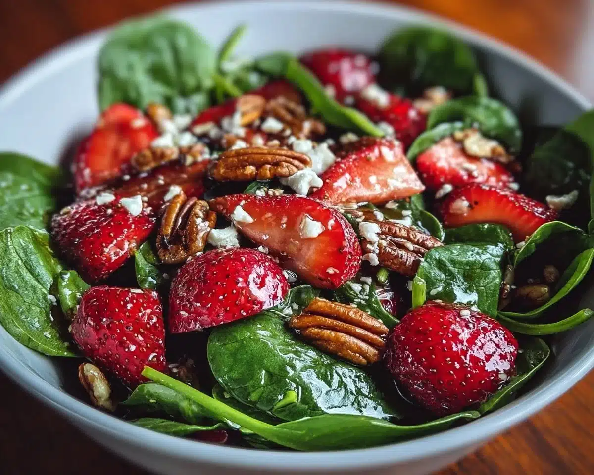 Spinach strawberry salad topped with pecans in a bowl