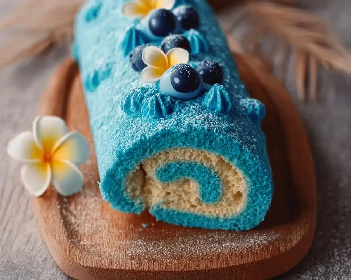 Stitch-inspired tropical blue cake roll with vibrant colors and tropical decorations