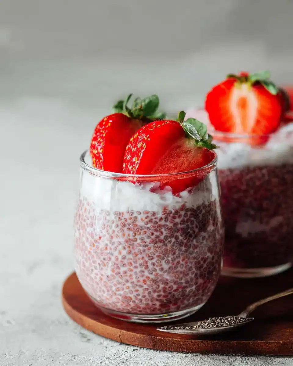 Strawberry chia pudding in a glass with fresh strawberries on top
