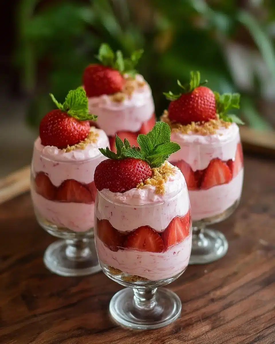Delicious strawberry mousse parfaits in elegant glass cups