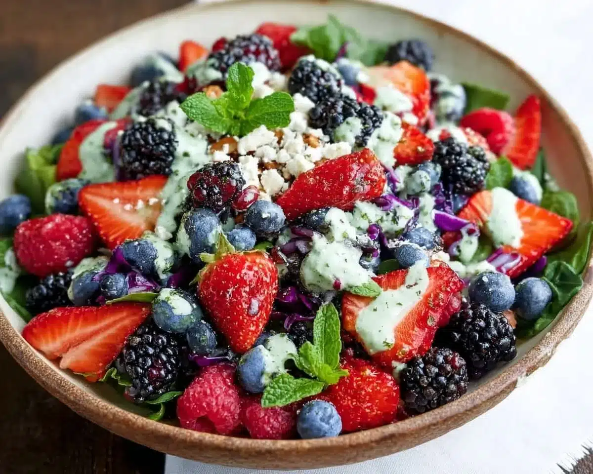 Superfood berry salad with creamy lemon herb dressing on a plate.