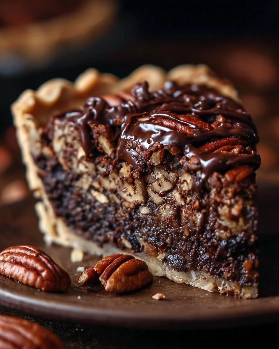 Slice of Texas chocolate pecan pie with chocolate and pecans on top.