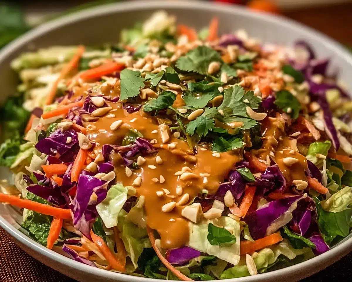 Delicious Thai Crunch Salad CPK copycat with vibrant vegetables and peanut ginger sauce.