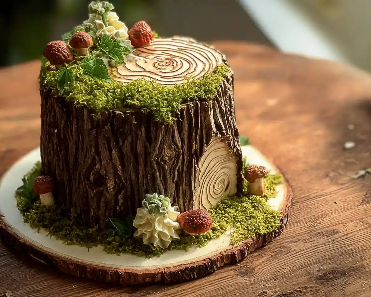 A beautifully decorated tree stump cake designed for celebrations and special occasions