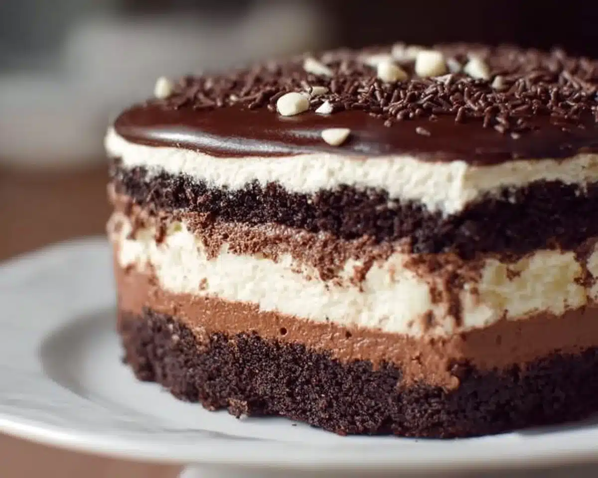 Delicious tuxedo cake with chocolate and vanilla layers garnished with chocolate shavings