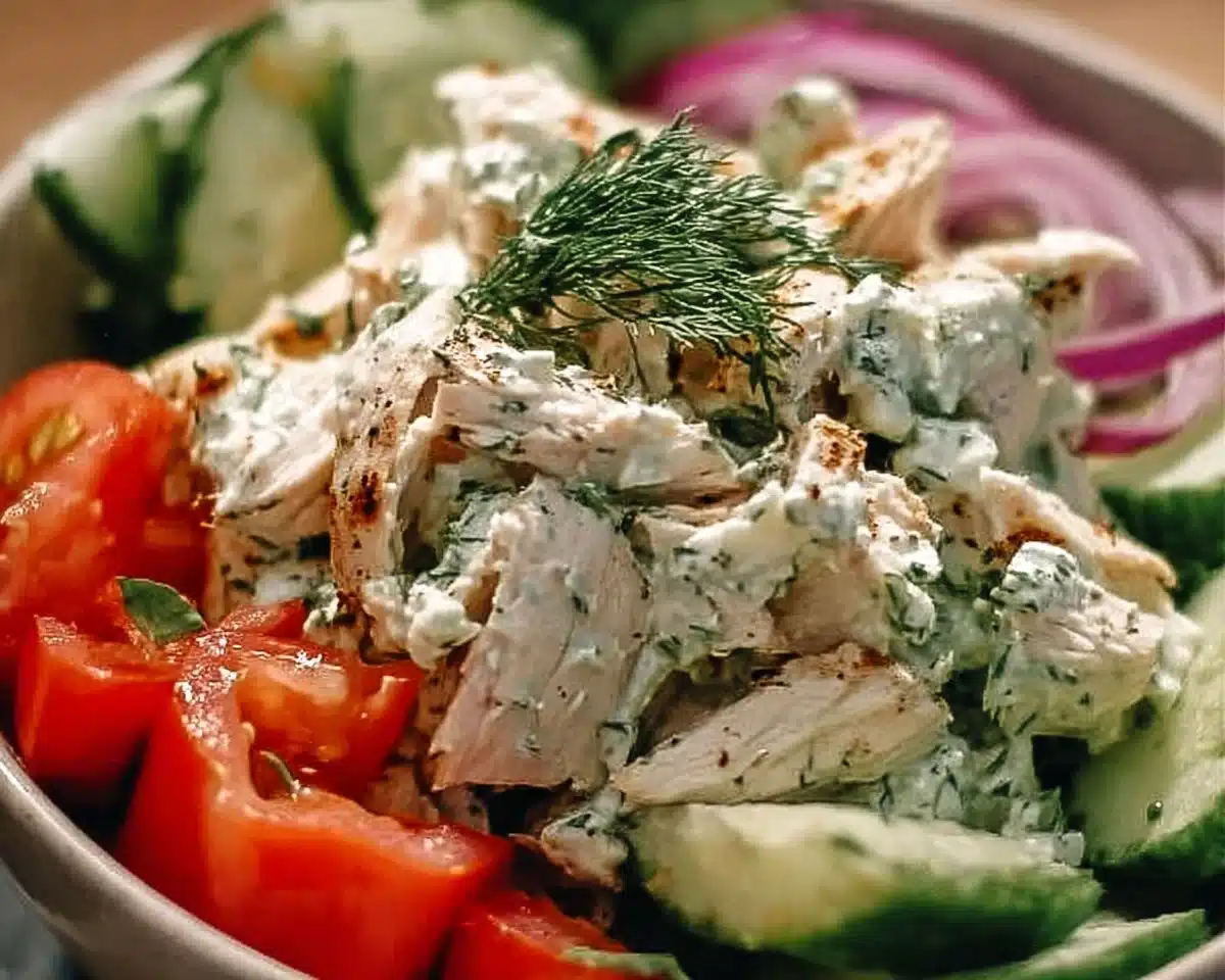 Delicious Tzatziki Chicken Salad with chicken, yogurt, and vegetables