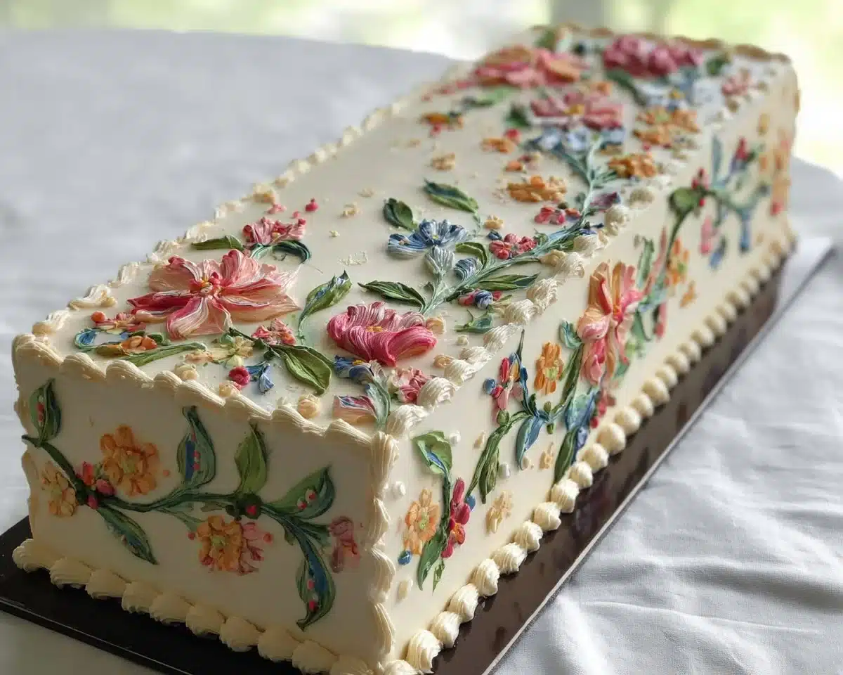We were so excited to bring this 6-foot-long decorated sheet cake design to life! The long meandering vines of flo… [Video] | Hand-painted long cake, How to do buttercream painted cake edges, How to paint with royal icing on cake