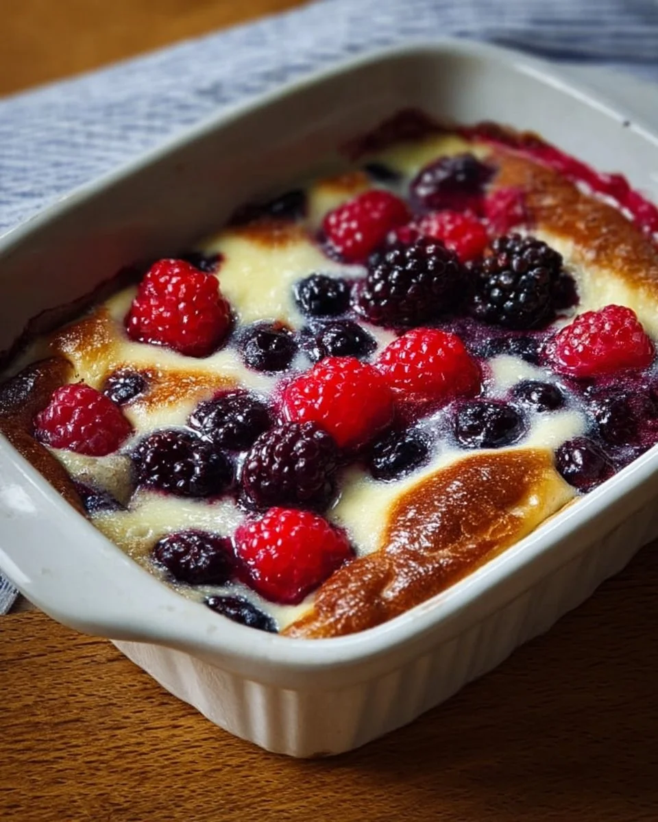 Delicious yogurt berry breakfast bake topped with fresh berries