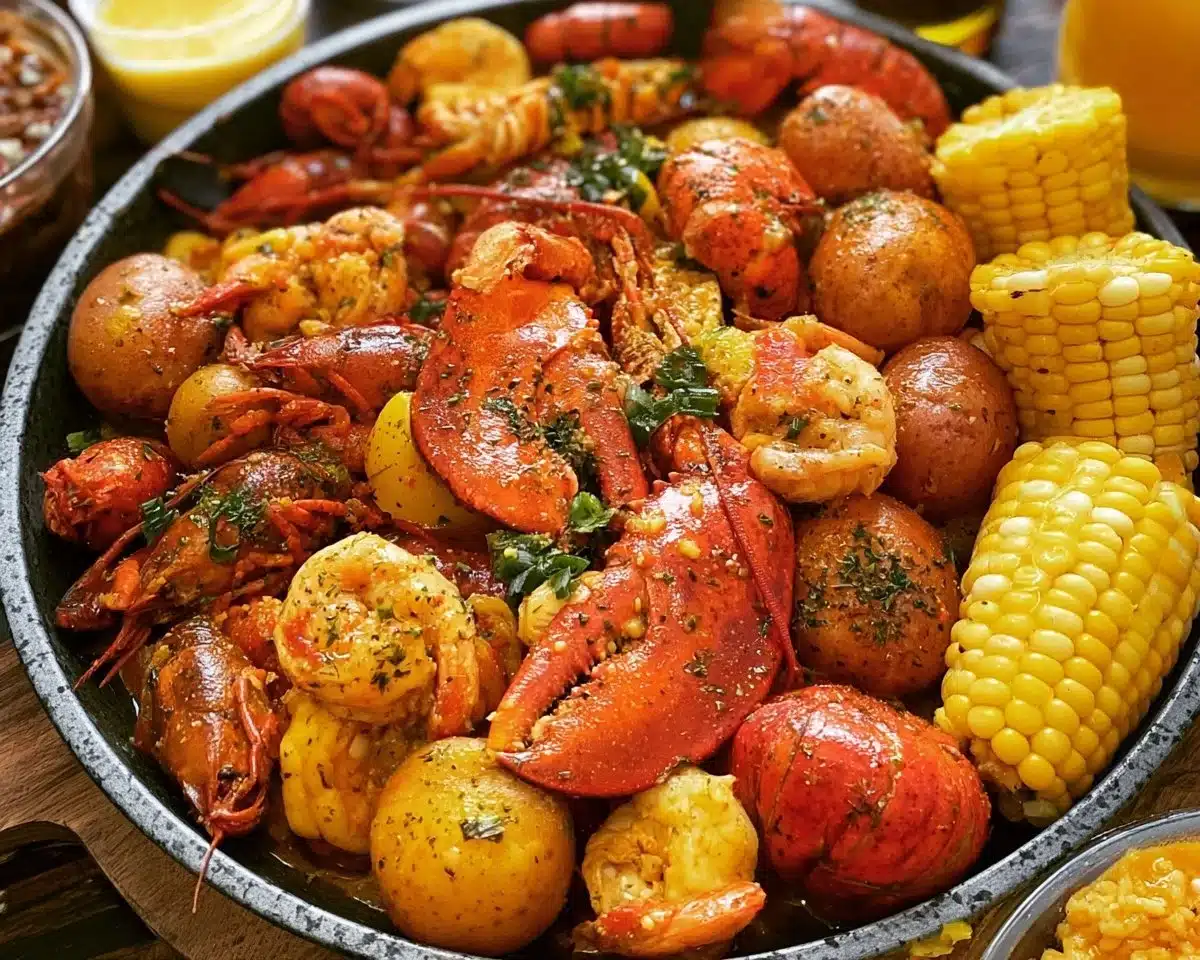 Cajun lobster seafood boil with garlic butter sauce served in a pot.
