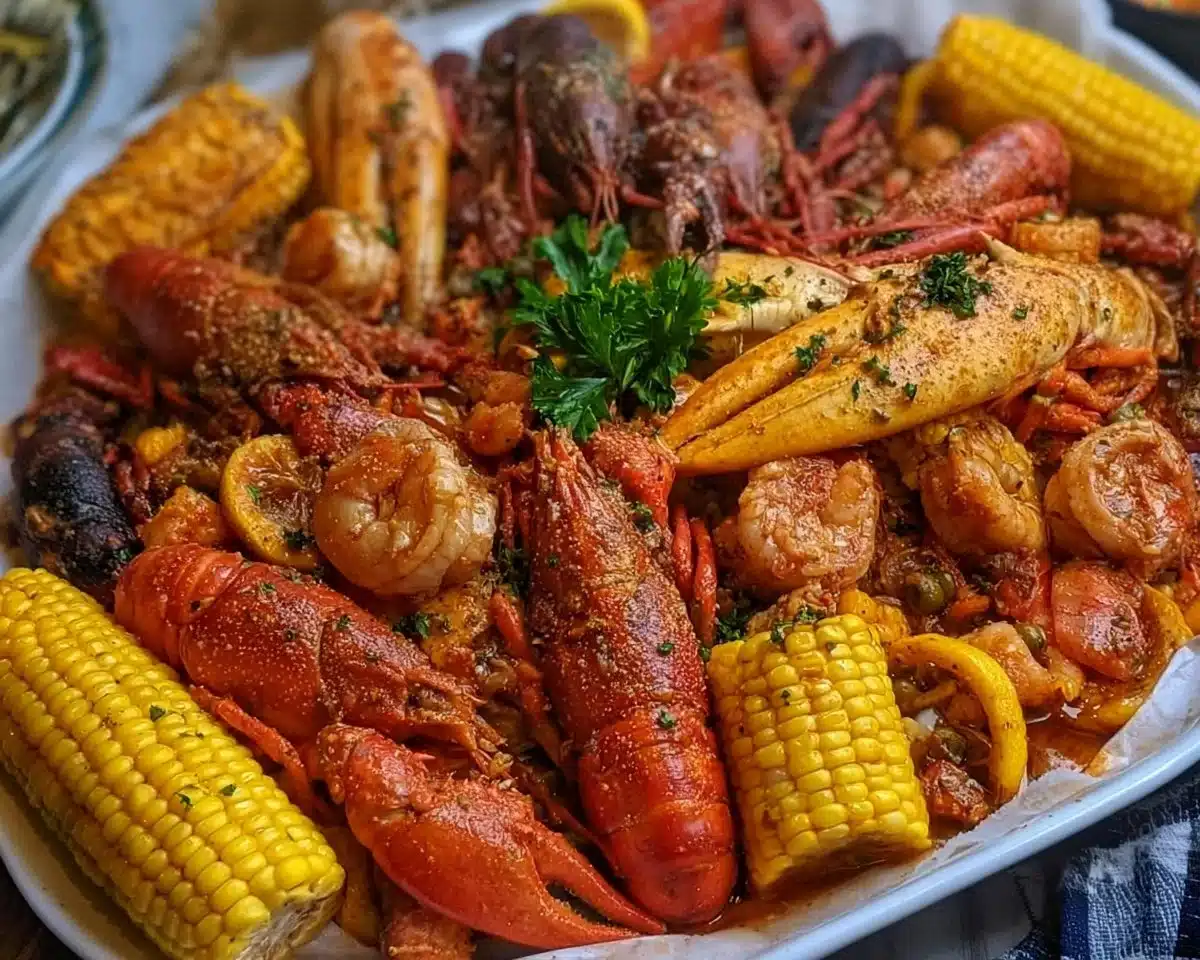 A vibrant Cajun seafood boil with shrimp, crab, and spices served on a table.