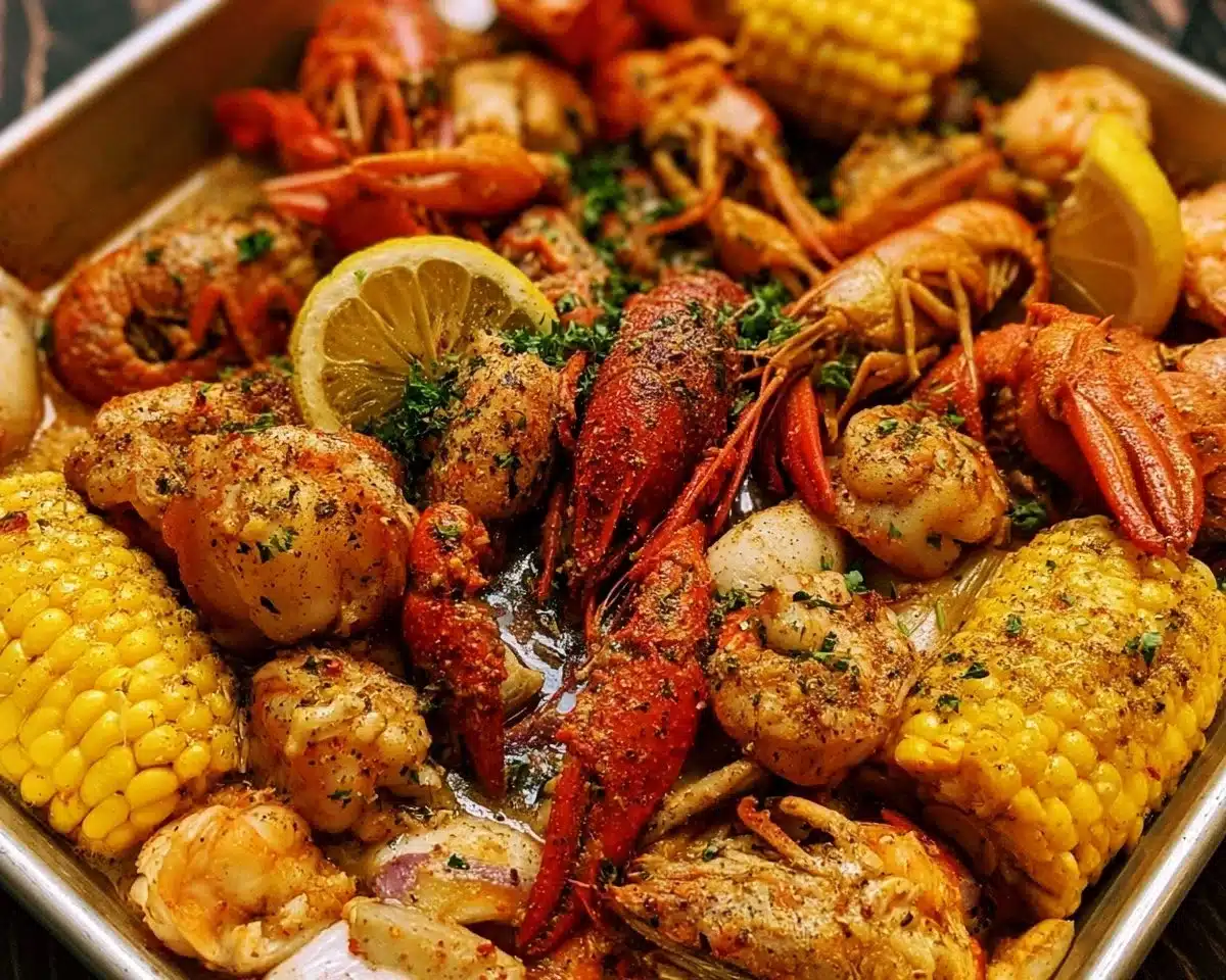 Cajun seafood boil with garlic butter sauce featuring shrimp, potatoes, and corn