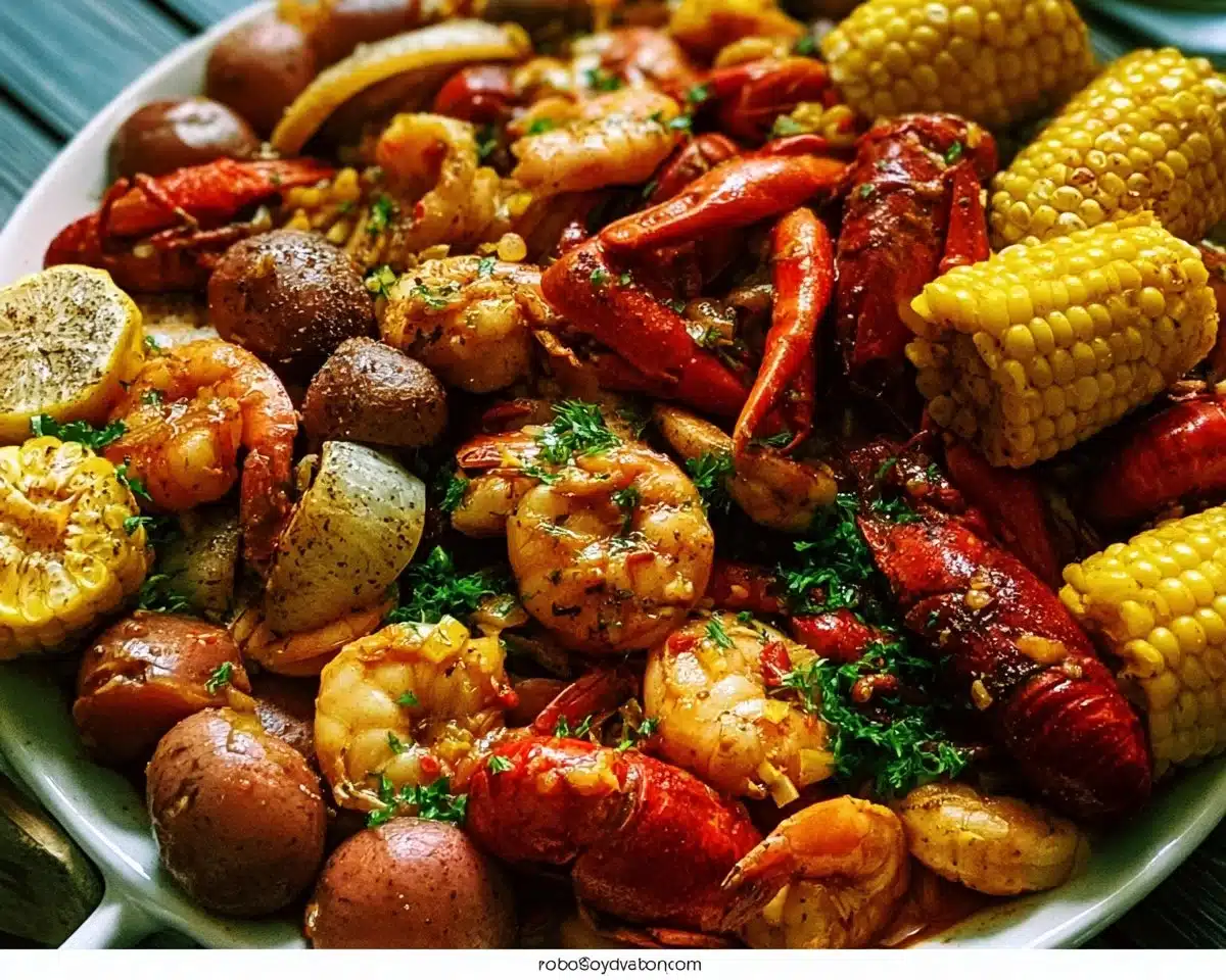 Delicious Cajun shrimp boil with spices, shrimp, corn, and potatoes served in a large pot.