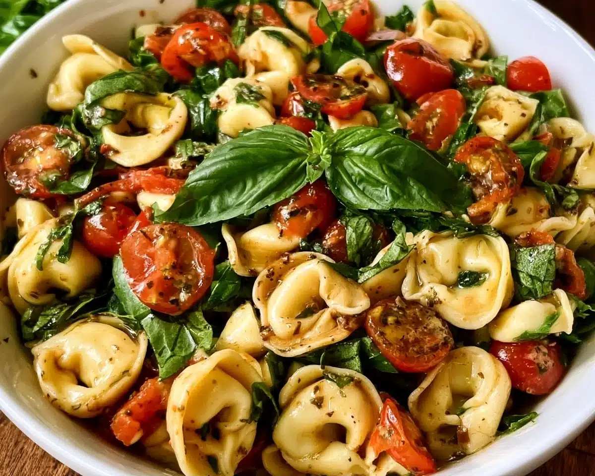 Caprese Salad with Tortellini featuring fresh tomatoes, mozzarella, and basil