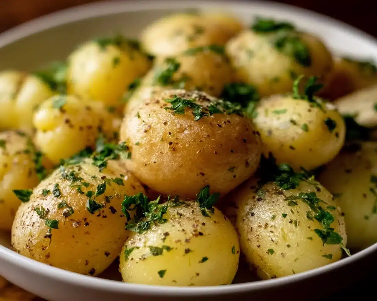 Plate of classic boiled potatoes garnished with herbs