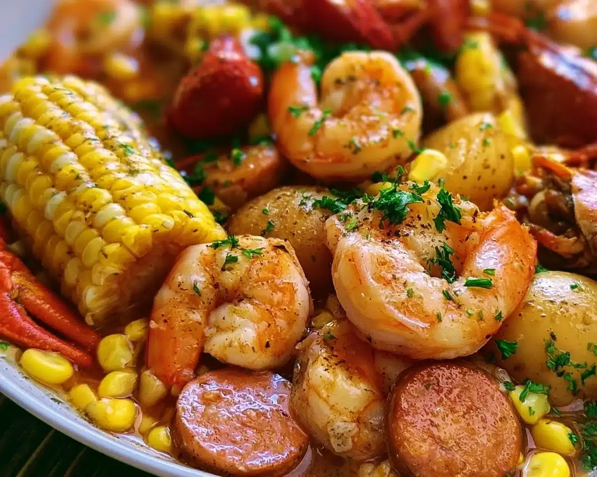 A delicious classic shrimp boil with shrimp, corn, and potatoes on a picnic table.
