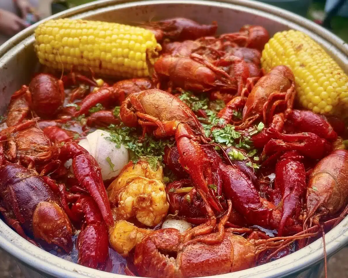 Delicious crawfish boil spread with spices and vegetables on a table