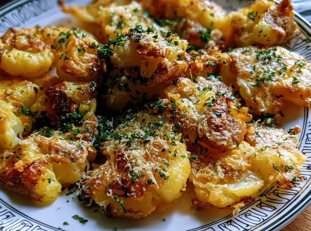 Crispy garlic butter parmesan smashed potatoes on a plate garnished with parsley