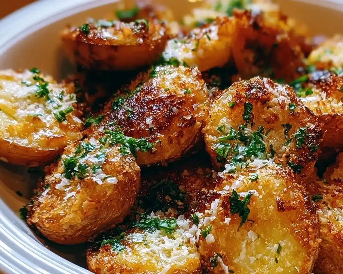 Crispy garlic parmesan crusted potatoes with herbs, served on a plate