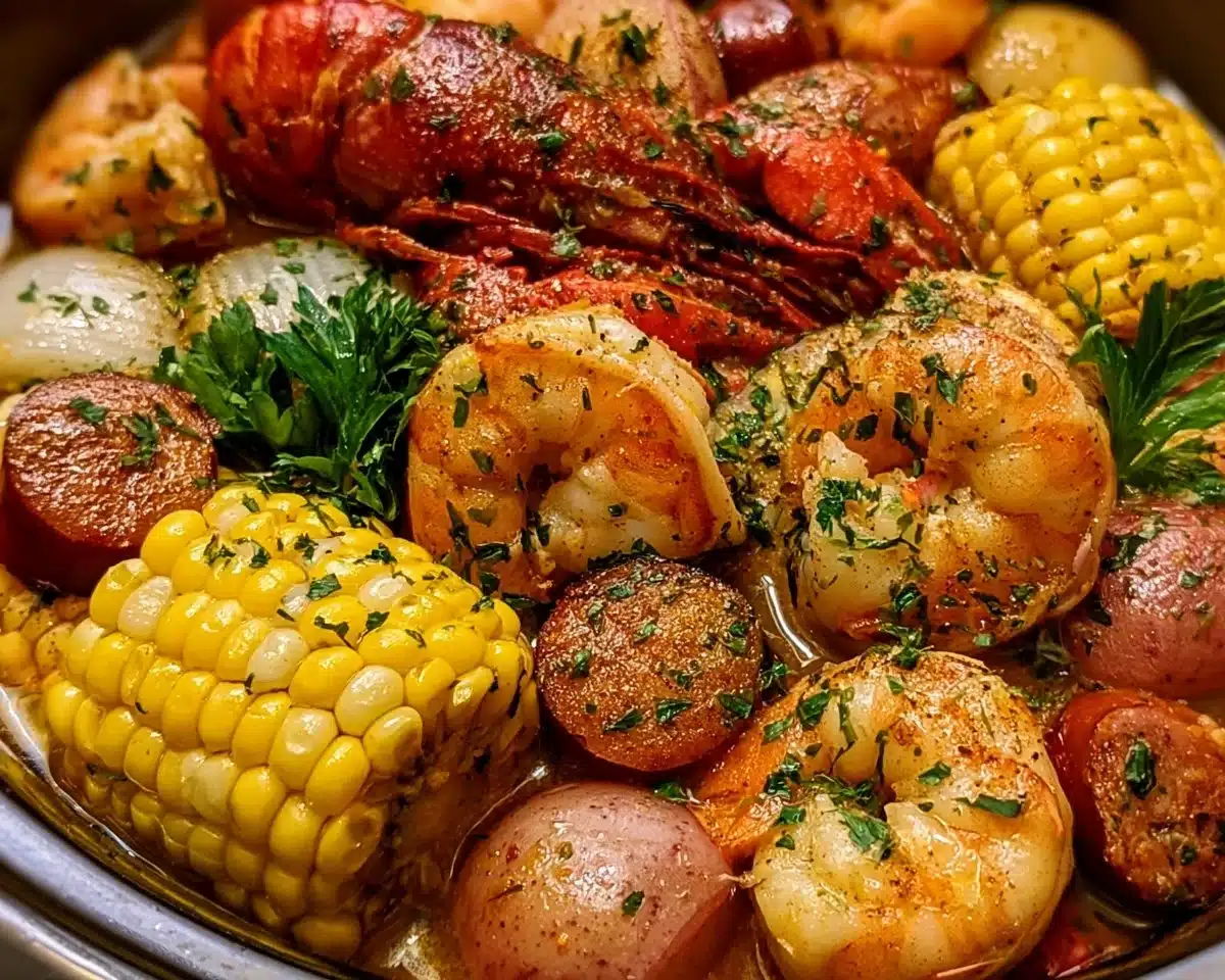 Crockpot Low Country Boil with shrimp, sausage, and vegetables in a serving dish