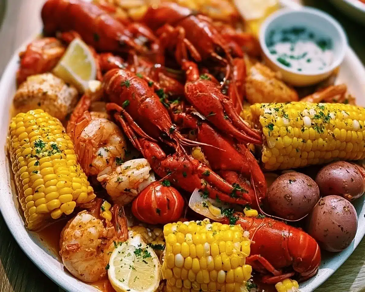 Delicious seafood boil with Old Bay seasoning, featuring shrimp, crab, and corn.