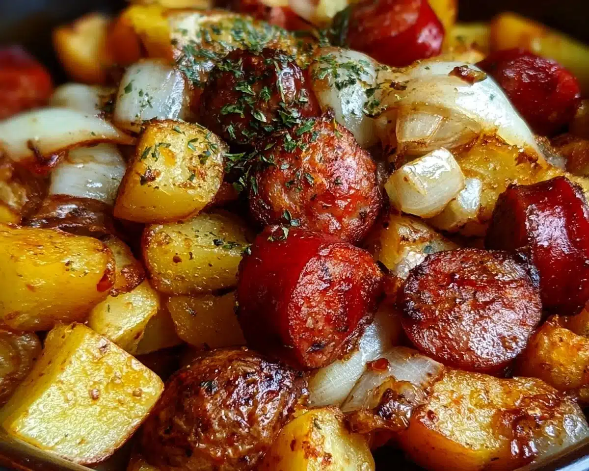 Delicious plate of fried potatoes, onions, and smoked Polish sausage
