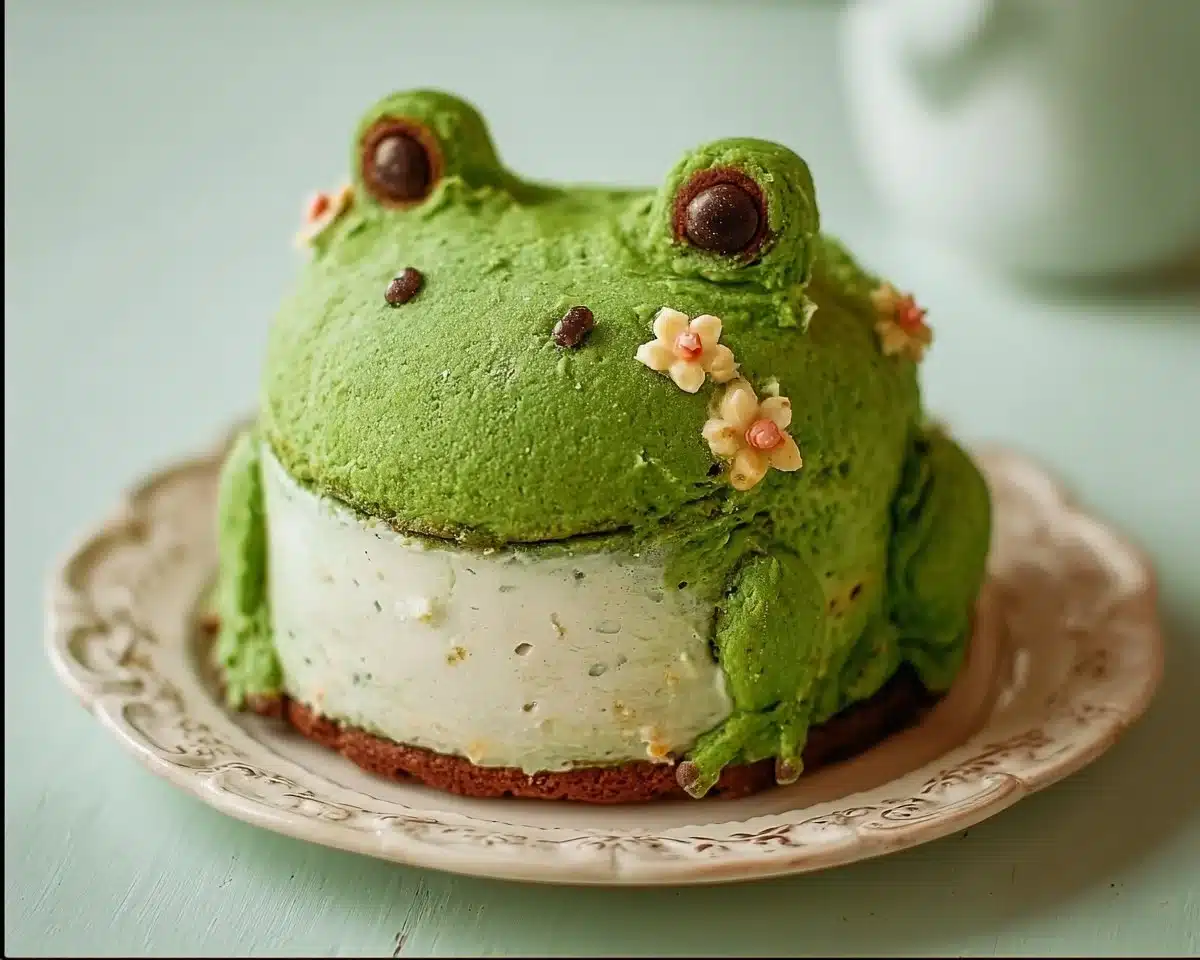 Decorative frog cakes displayed at a vibrant dessert table.
