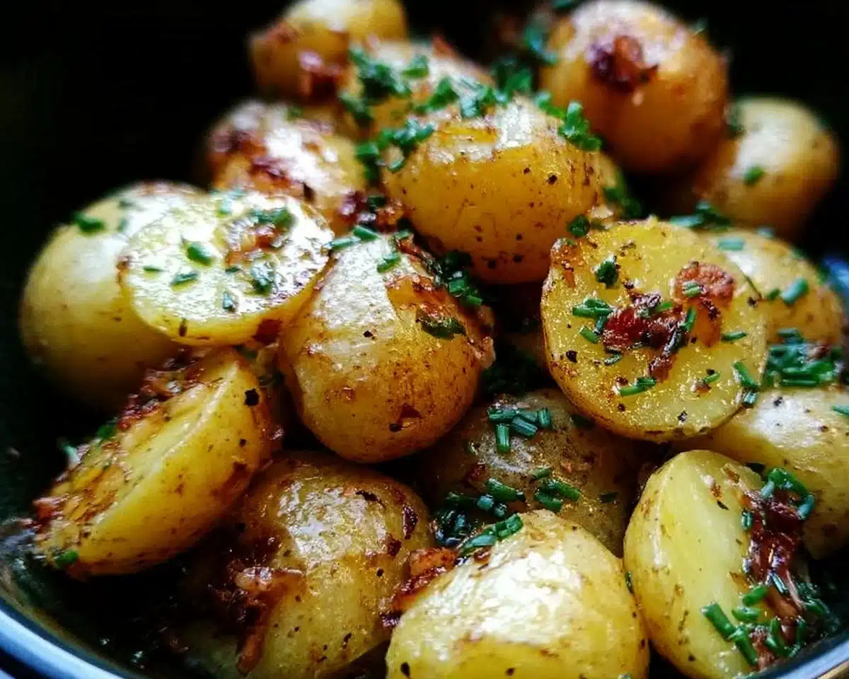 Delicious Garlic Chive Butter Roasted Potatoes on a serving plate