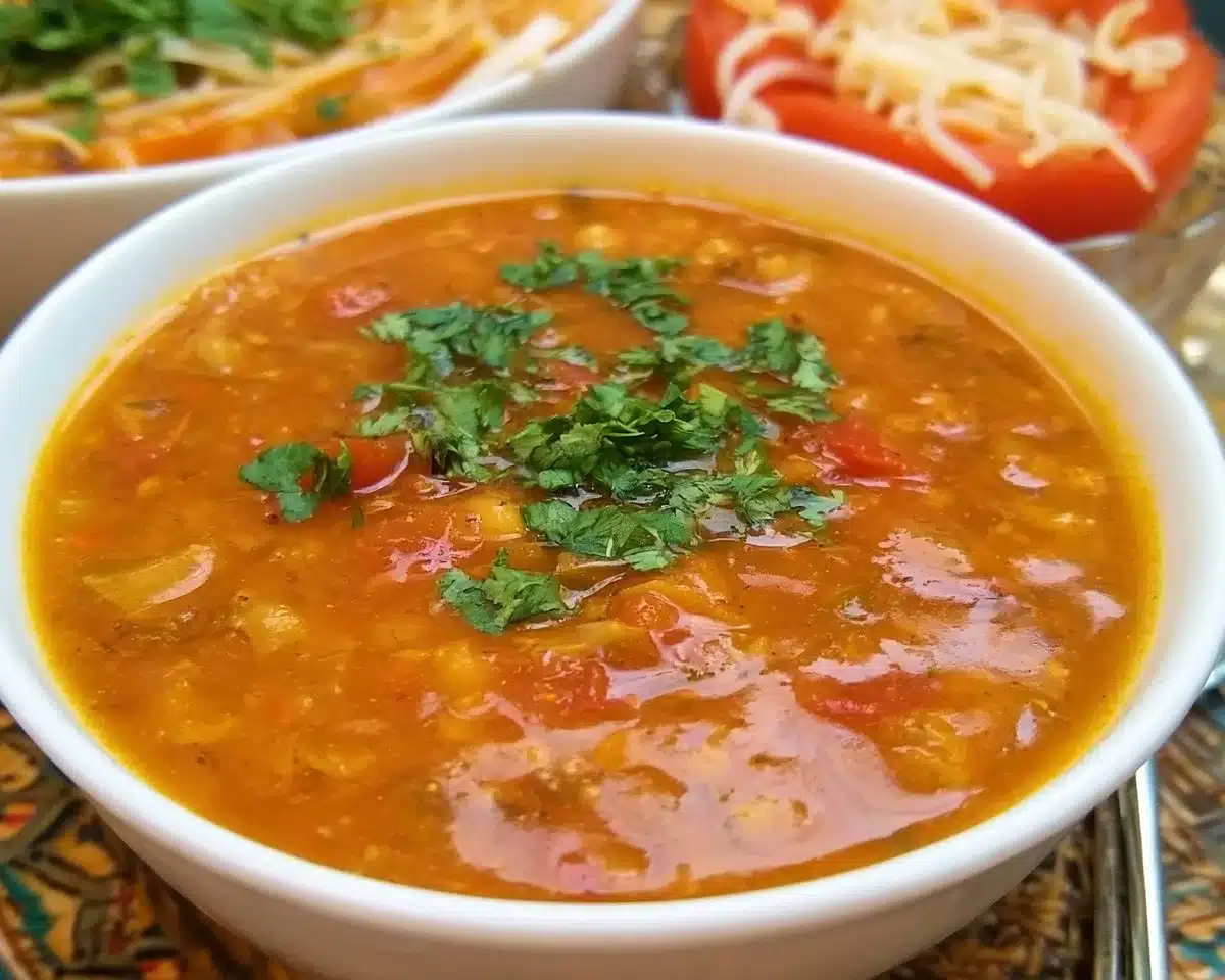 A bowl of Harira, traditional Moroccan lentil soup with colorful ingredients.