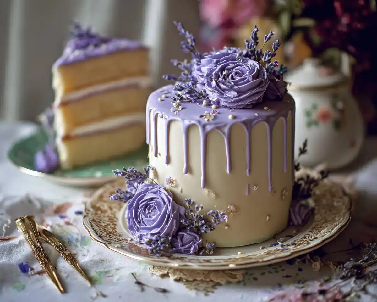 Lavender Dream Cake with floral frosting and garnished with lavender sprigs