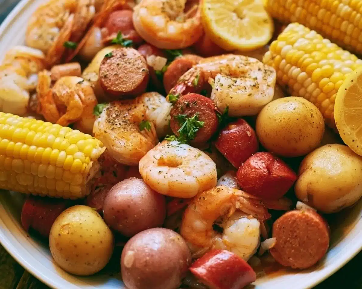 A vibrant Low Country Boil featuring shrimp, sausage, corn, and potatoes.
