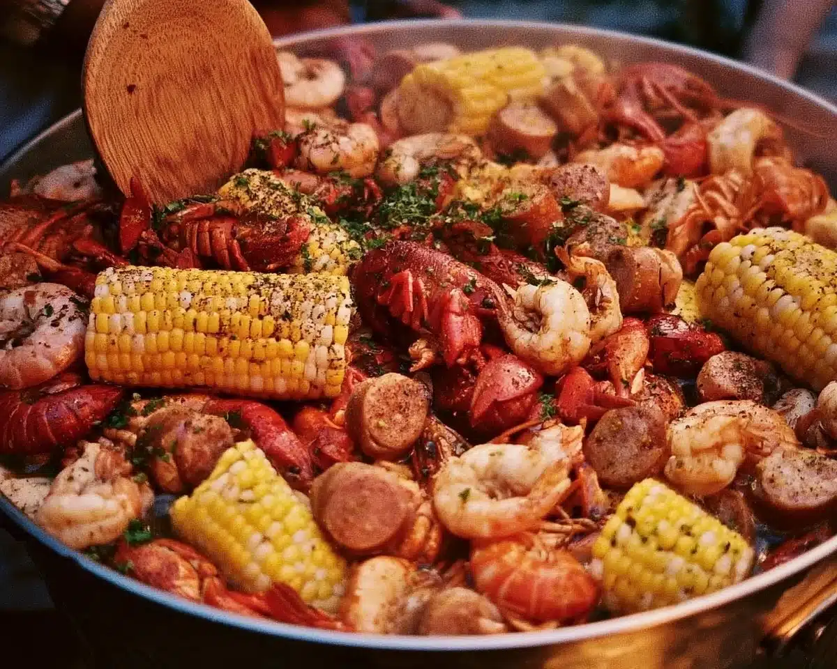 Delicious Lowcountry Boil featuring shrimp, sausage, and corn on a festive picnic table.