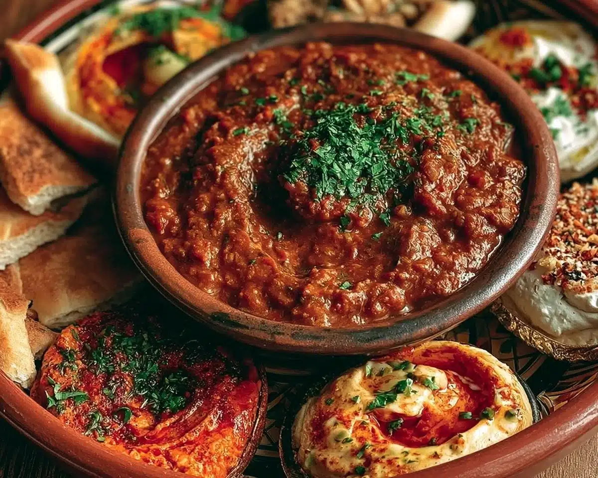 Variety of Moroccan appetizers and dips served on a traditional platter.