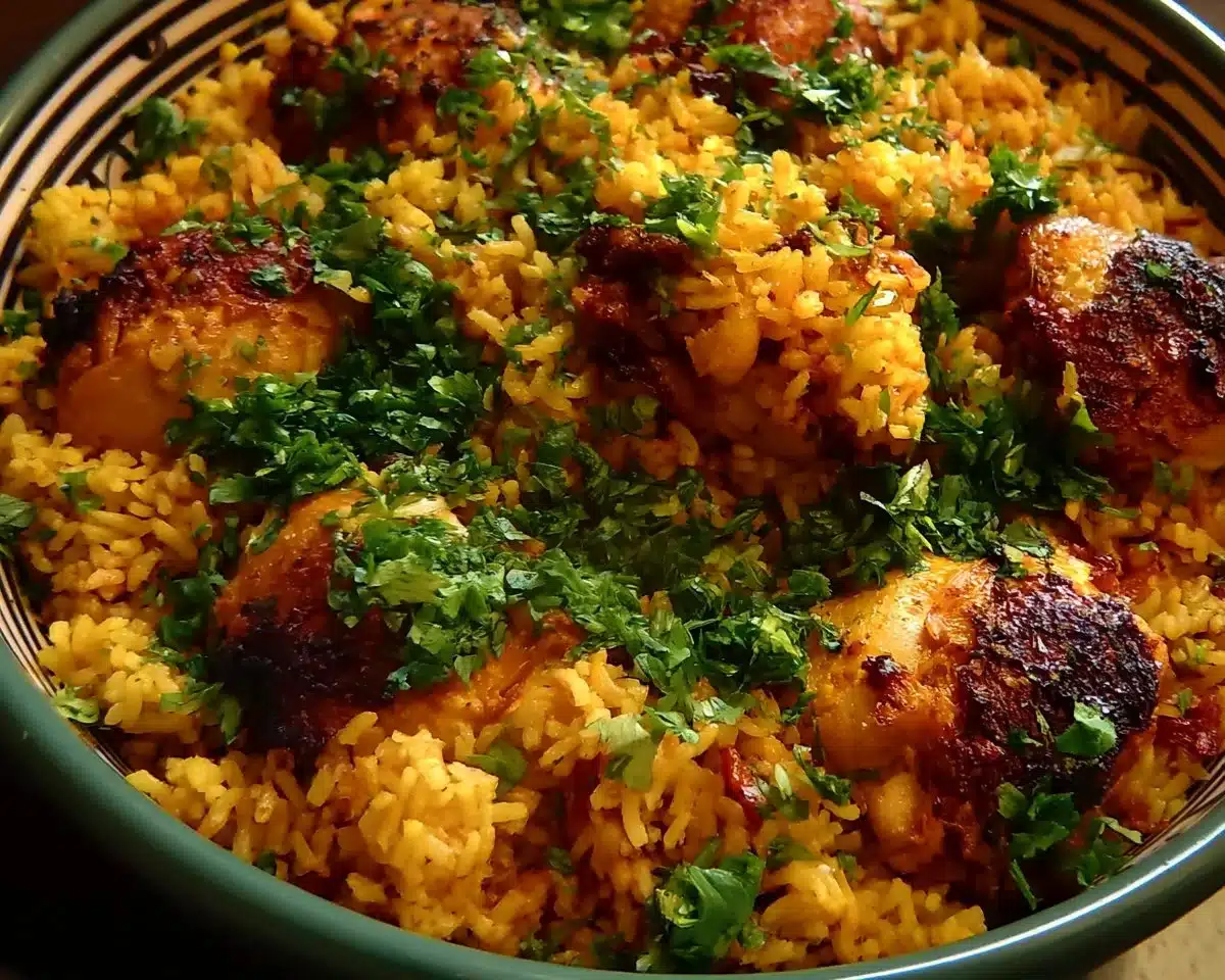 Dish of Moroccan Chicken and Rice garnished with spices and herbs