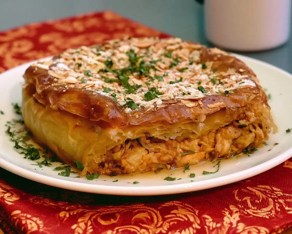 Delicious Moroccan Chicken Pie topped with spices and herbs