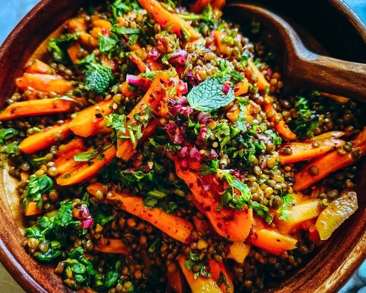 Colorful Moroccan Lentil Carrot Salad with spices and fresh ingredients.